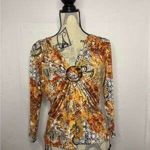 RAFAEL Orange and Yellow Floral Blouse with Ring Accent